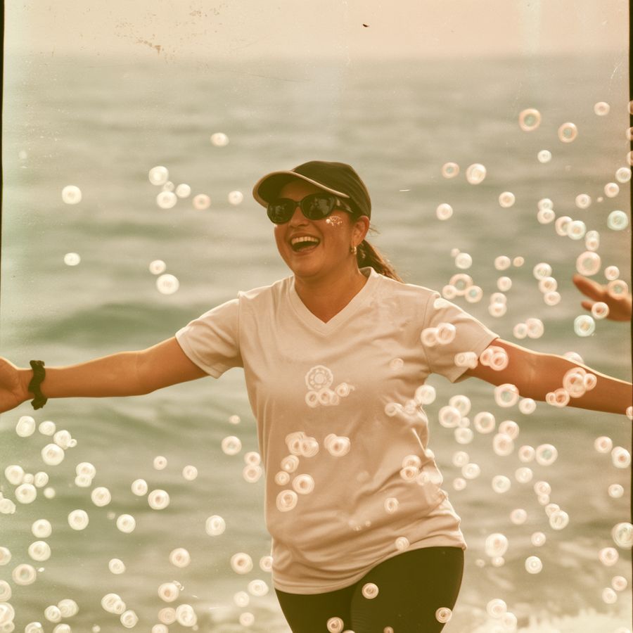 A runner with arms wide beside the ocean, bubbles in the air
