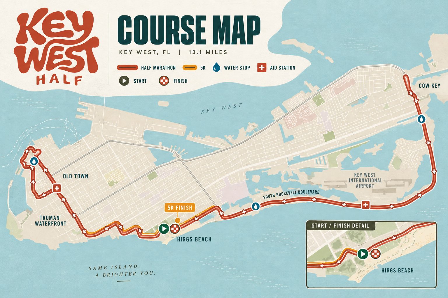Illustrated Key West Half course map from Higgs Beach through Old Town and out to Cow Key and back