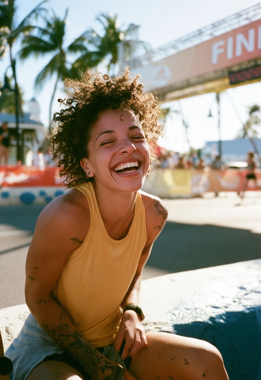A runner laughing near the finish arch