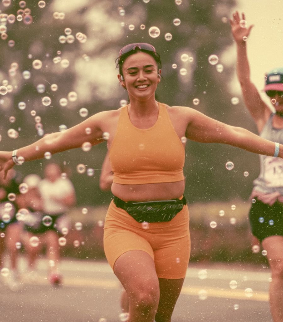 A runner in orange smiling mid-stride