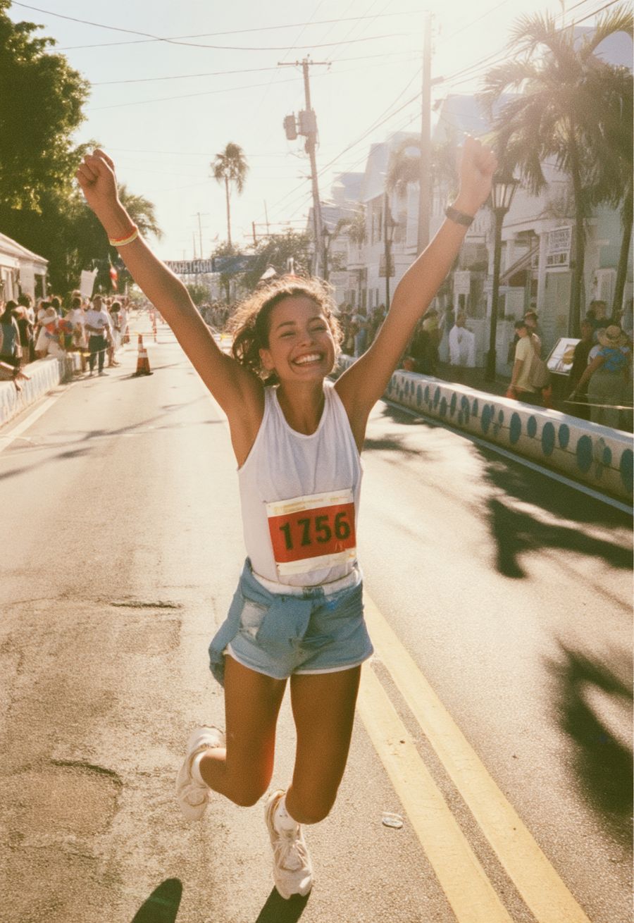 A runner with arms raised near the finish, palm trees behind her
